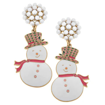 Snowman Drop Pearl and Enamel Earrings